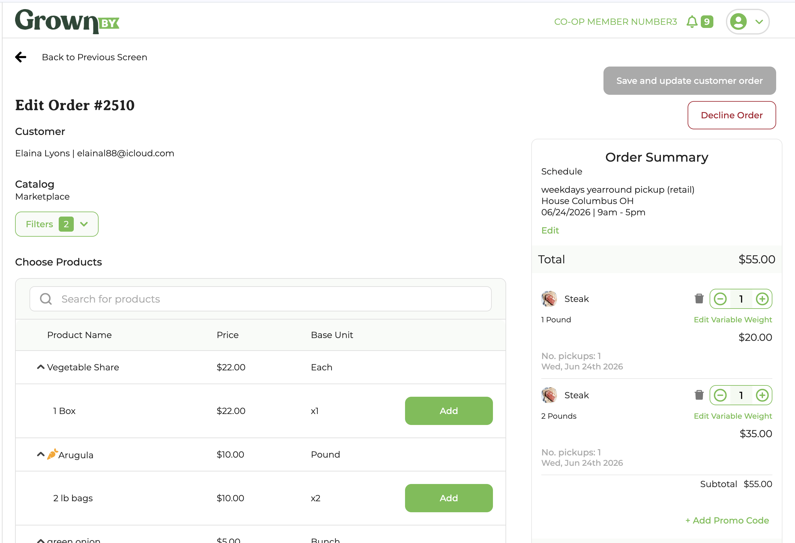 Order editing screen showing line items that can be adjusted