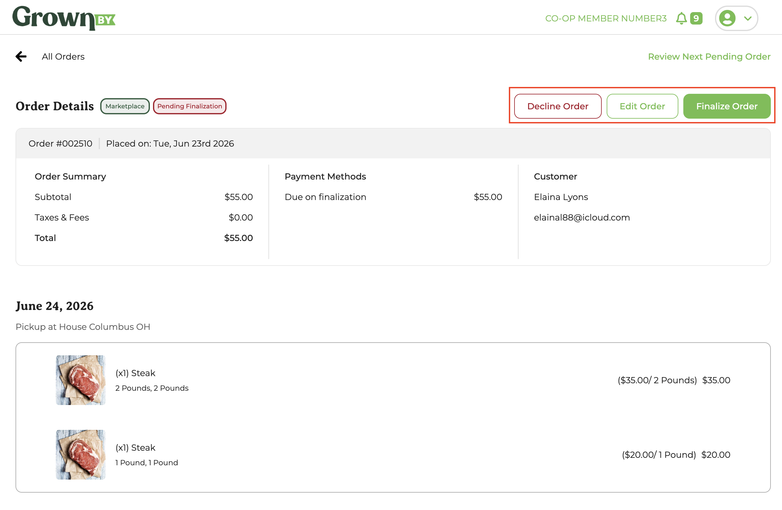 Order detail screen with Decline Order, Edit Order, and Finalize Order buttons