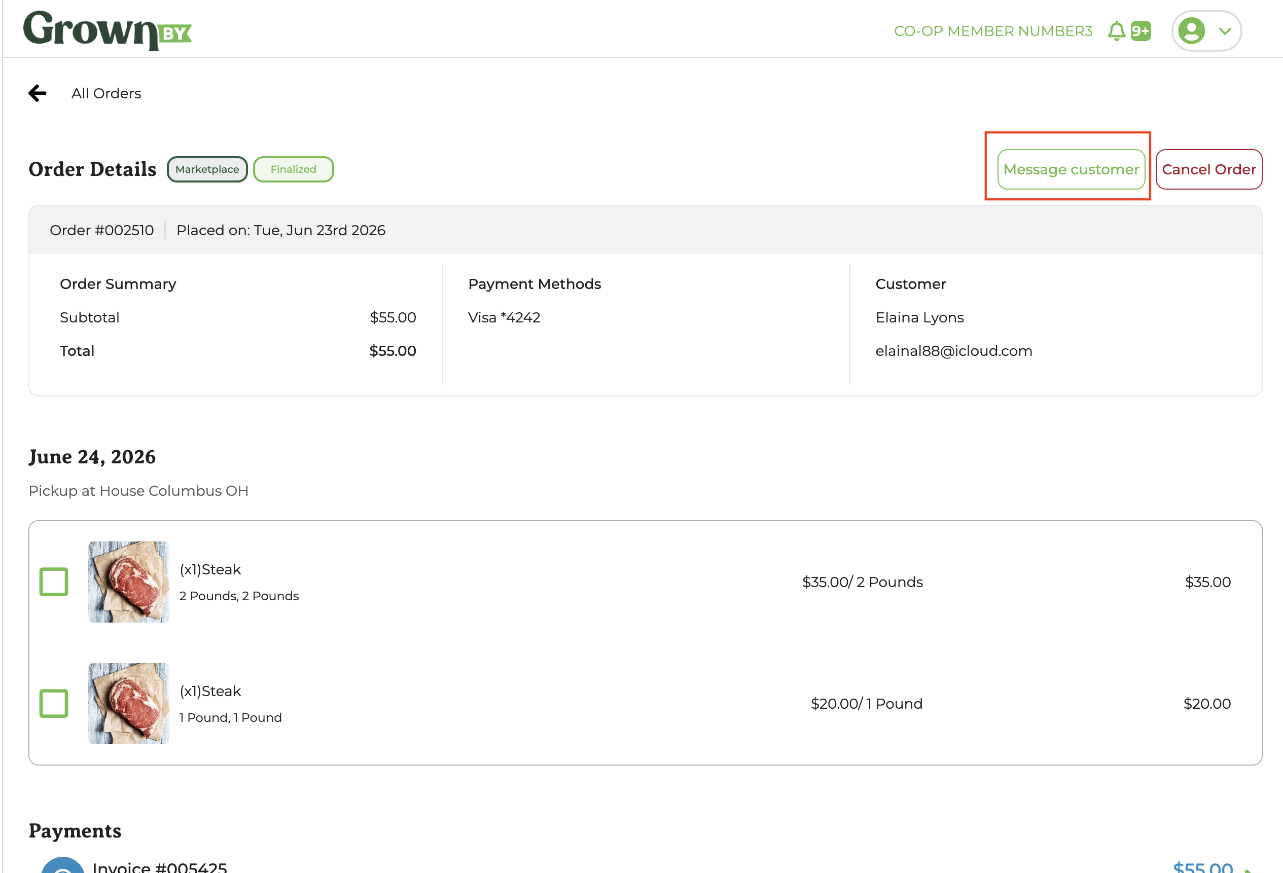 Order details page showing how to navigate to send a message to the customer