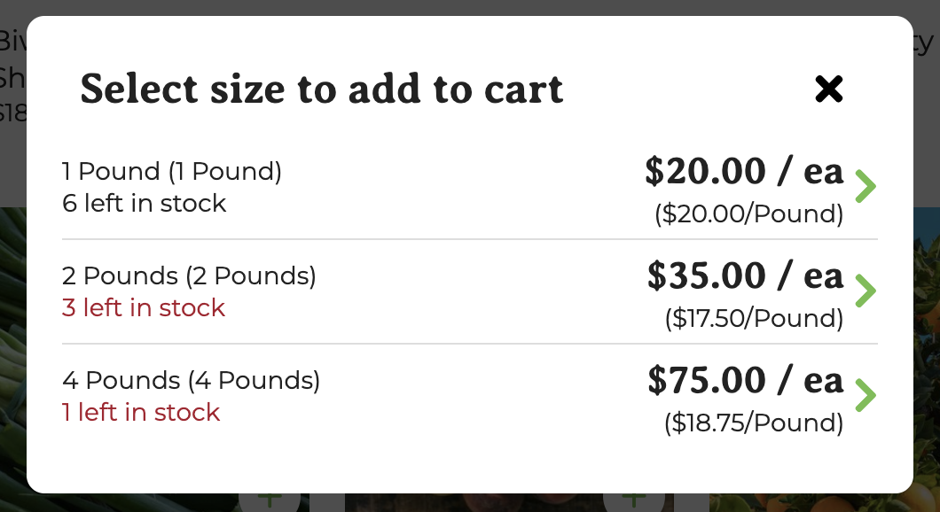 Product page where the customer can choose between different buying options/sizes