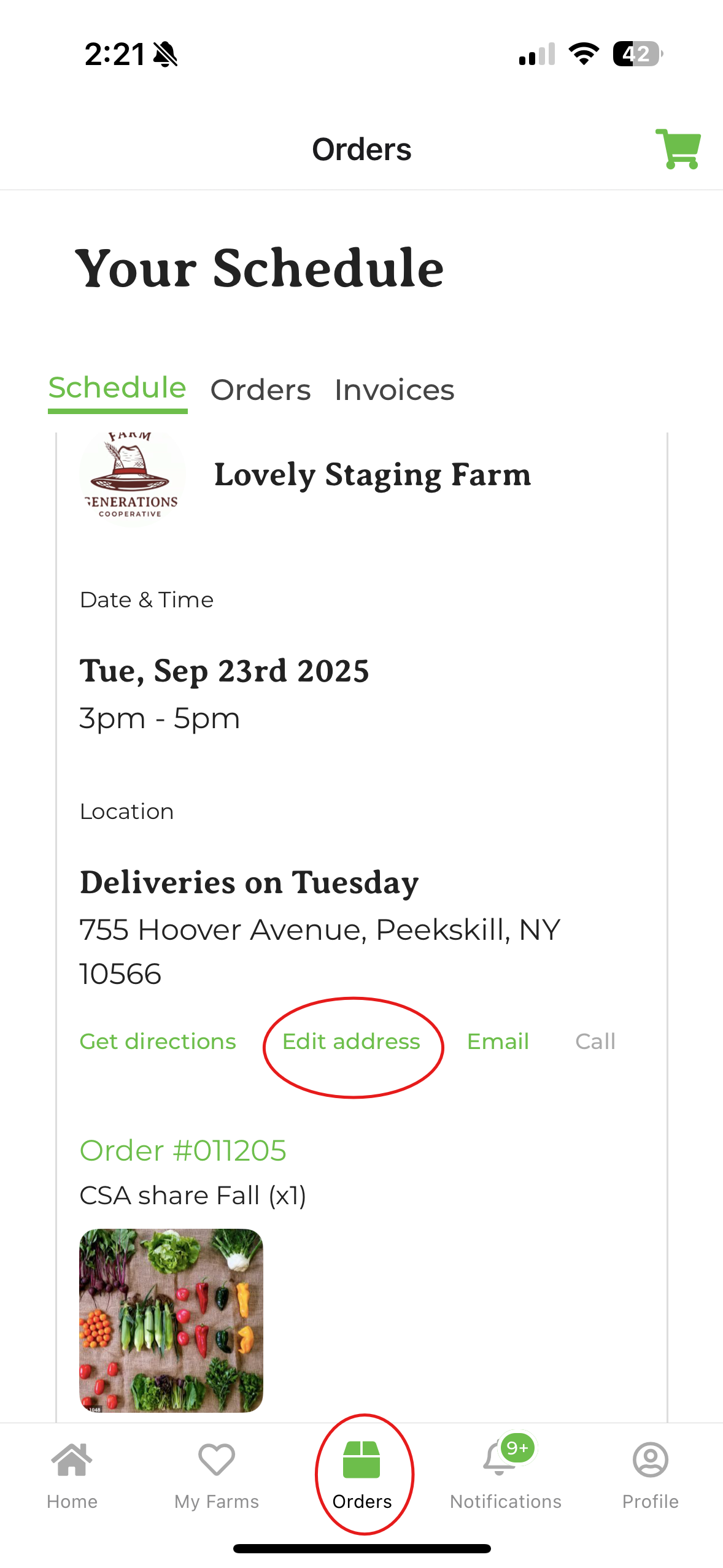 Orders schedule with the Edit address button highlighted