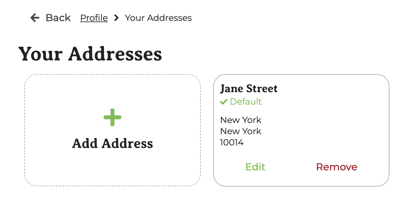 Your Addresses screen showing a saved address with Edit and Remove buttons