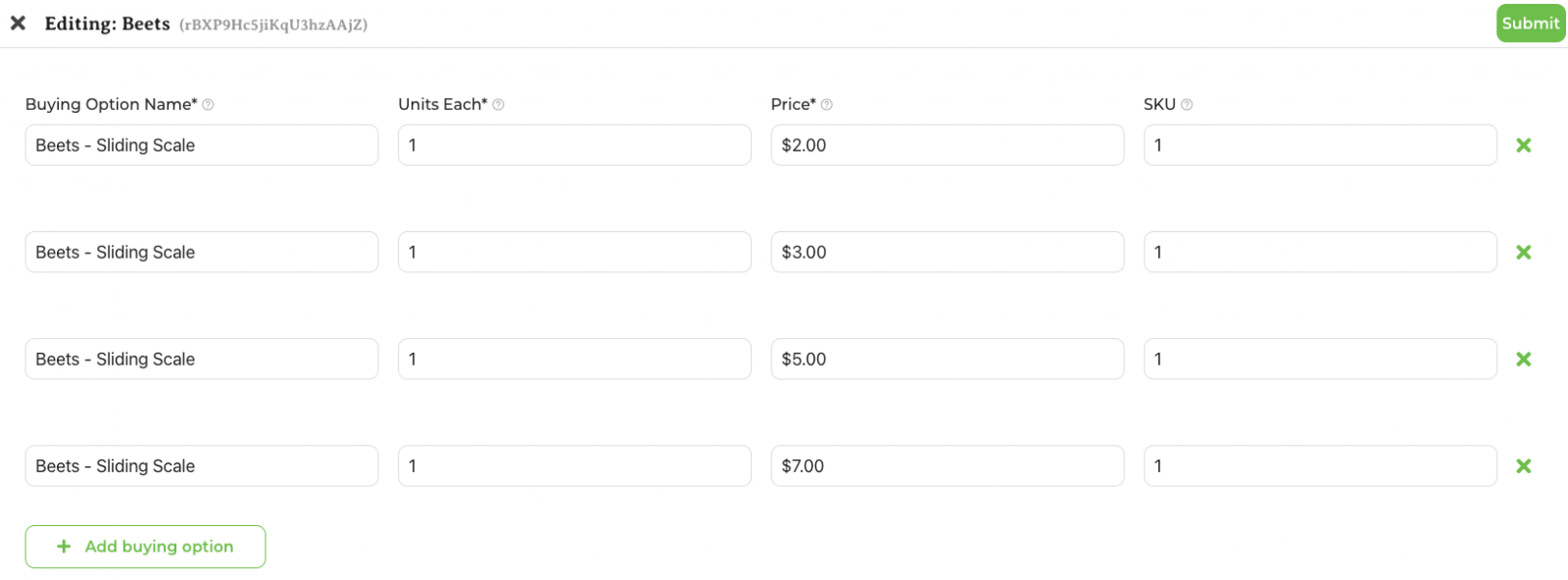 Product editing screen showing multiple buying options configured with sliding scale price levels