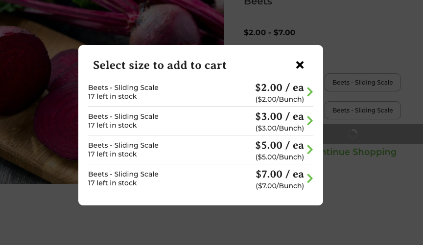 Shop view showing a product with sliding scale buying options for customers to choose from