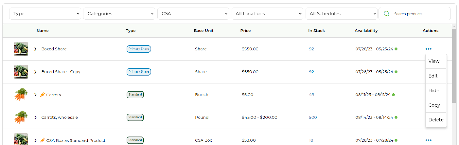 Products list showing the three-dot menu with the Copy action