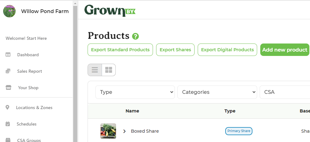 GrownBy dashboard with the Add new product button highlighted