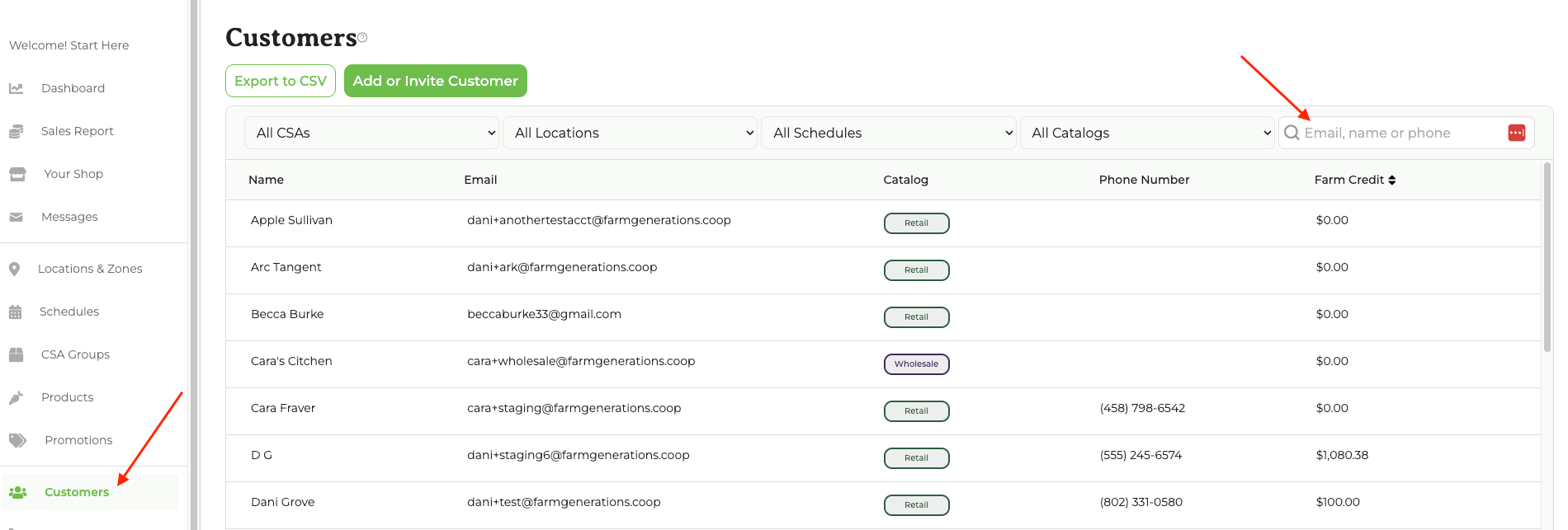 Customers page with search field
