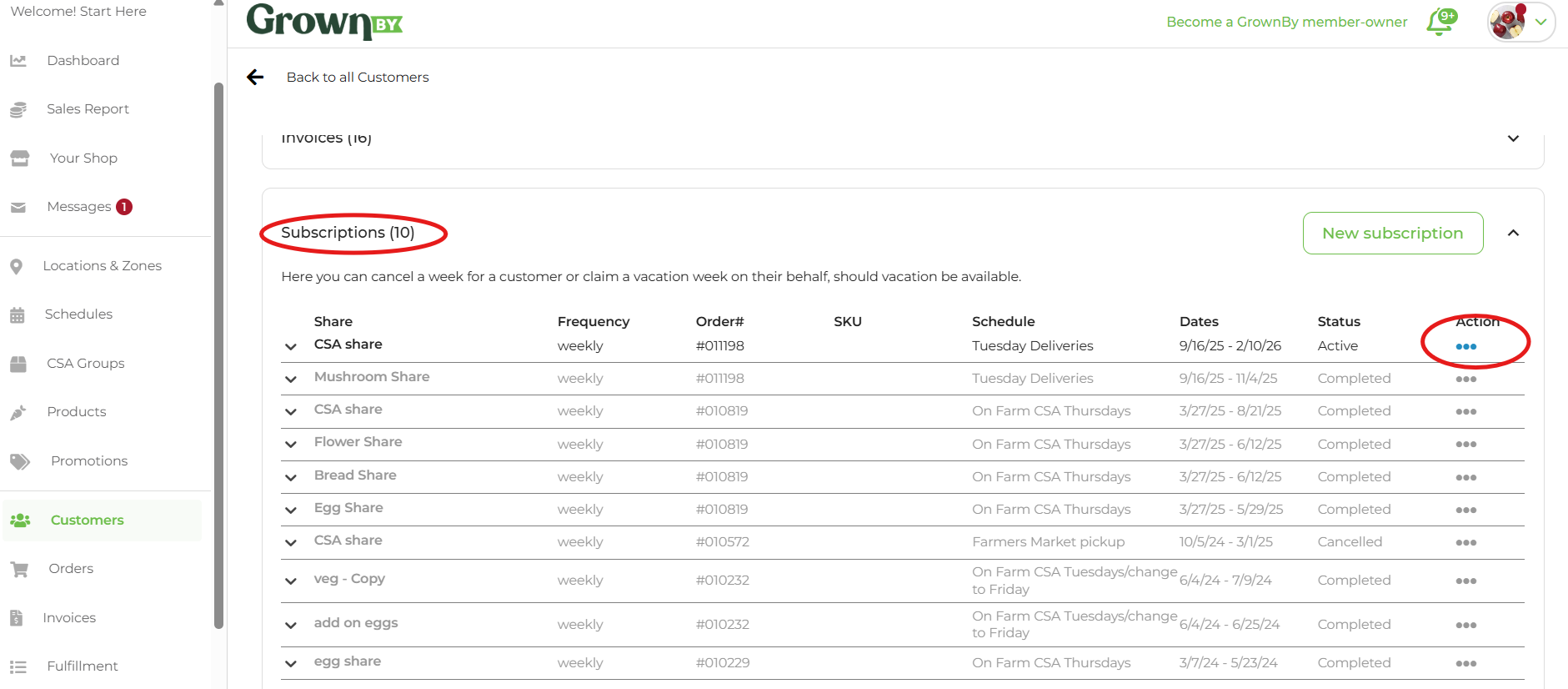 Subscriptions section with the Actions menu open