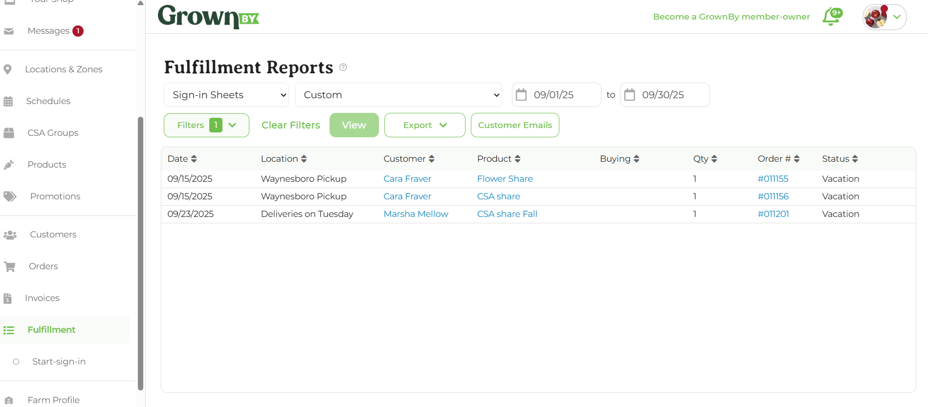Sign-in data shown on the sign-in sheet export