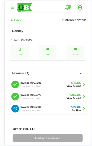 Expanded customer view showing invoice payment options