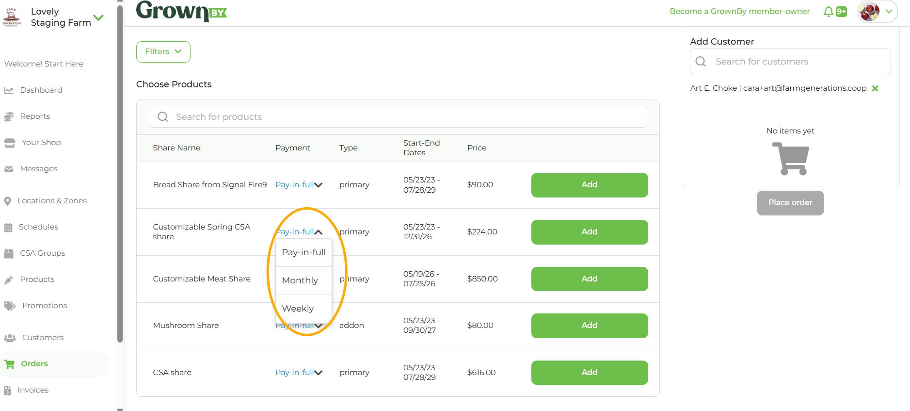 The Order Creator product list with the Payment column dropdown open, showing Pay-in-full, Monthly, and Weekly installment options