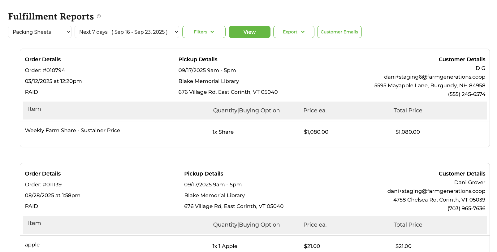 Packing Sheets report showing per-order packing details