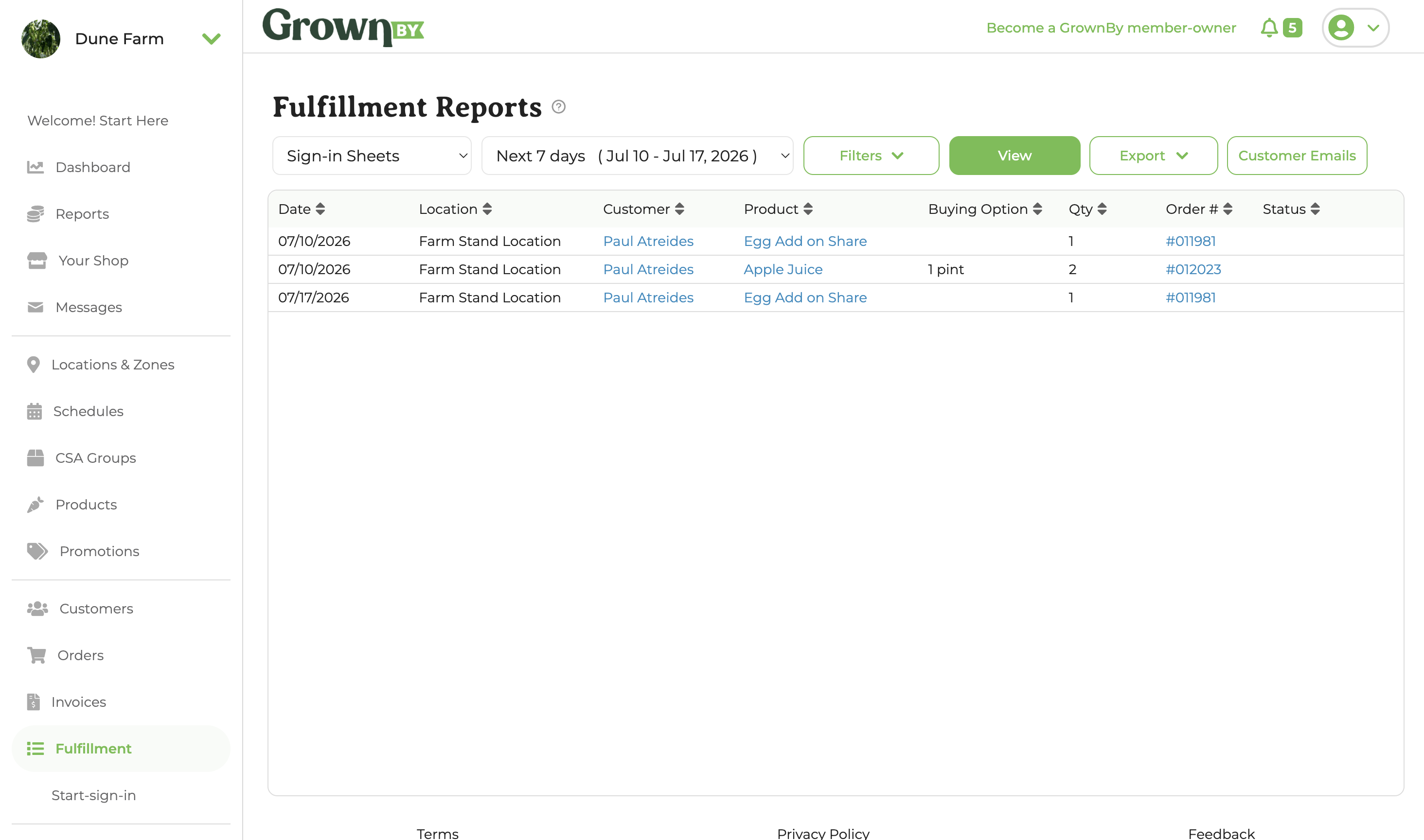 Sign-in sheet fulfillment report web view