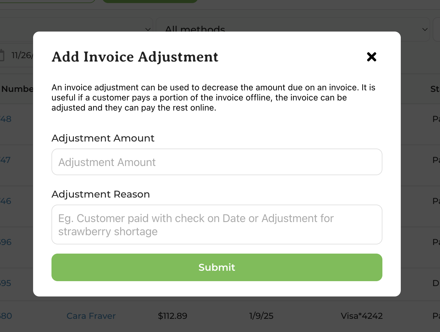 Adjust Invoice pop-up with fields for adjustment amount and a note