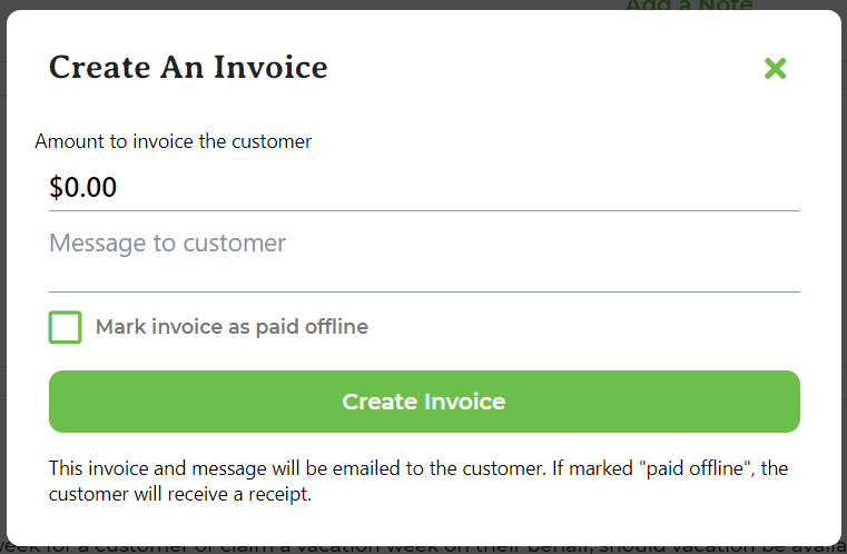 New Invoice pop-up showing fields for amount, note, and a checkbox to mark the invoice as paid offline