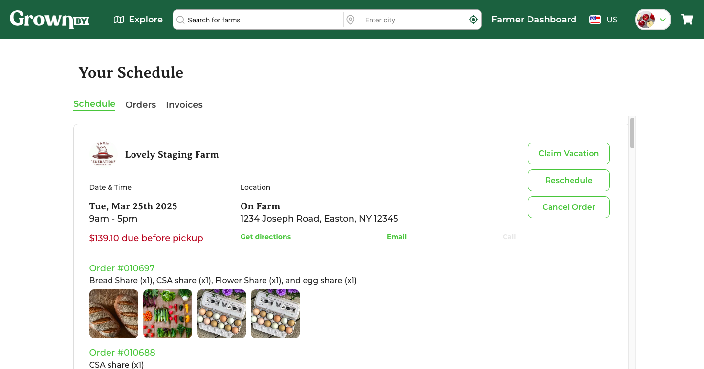 Shopper Schedules page showing upcoming pickups with reschedule and cancel options
