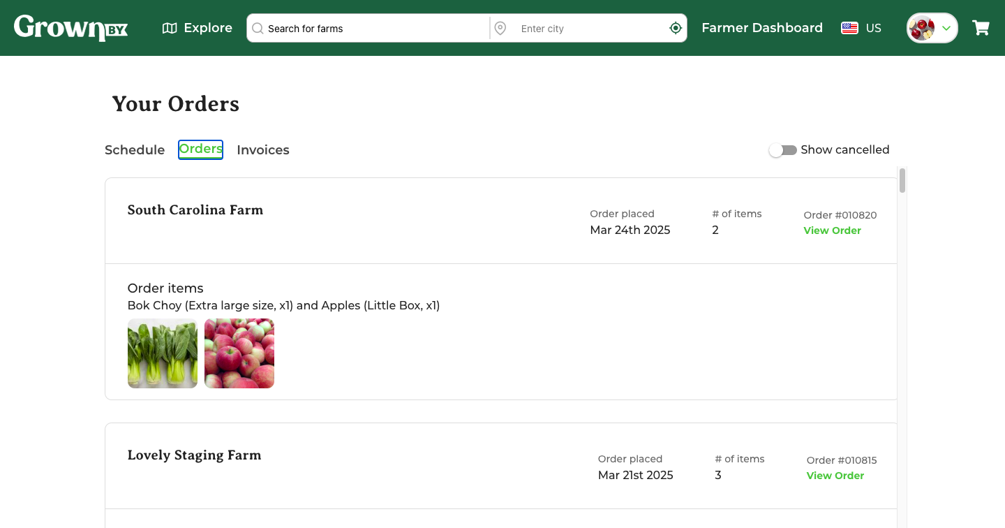 Shopper Orders page showing order history with item and fee breakdowns