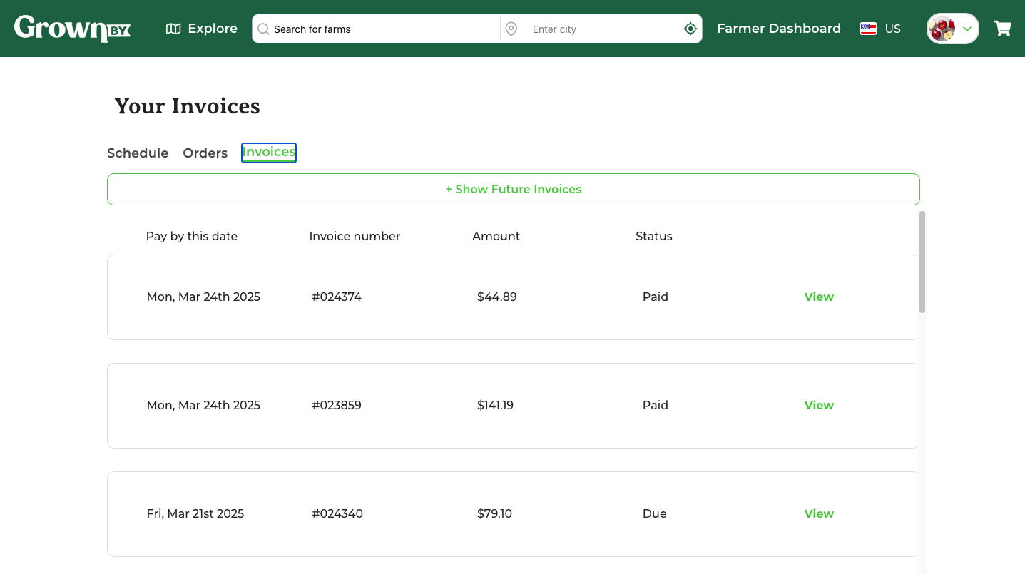 Shopper Invoices page with View and Pay Invoice options