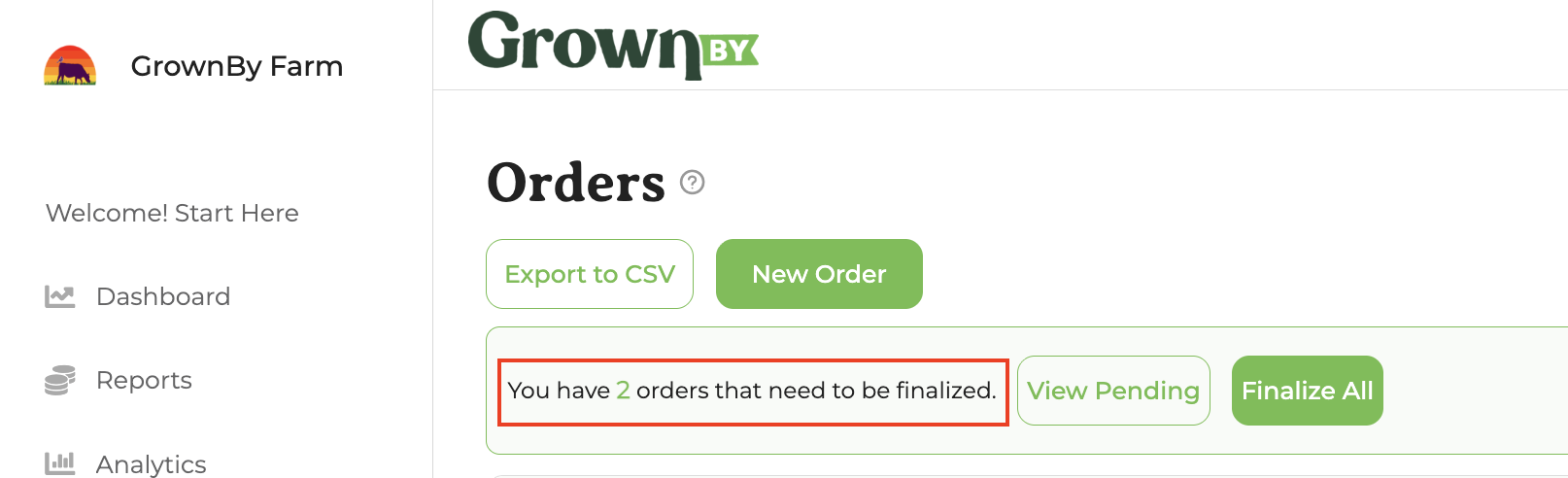 Orders screen showing the pending orders banner with View Pending and Finalize All buttons
