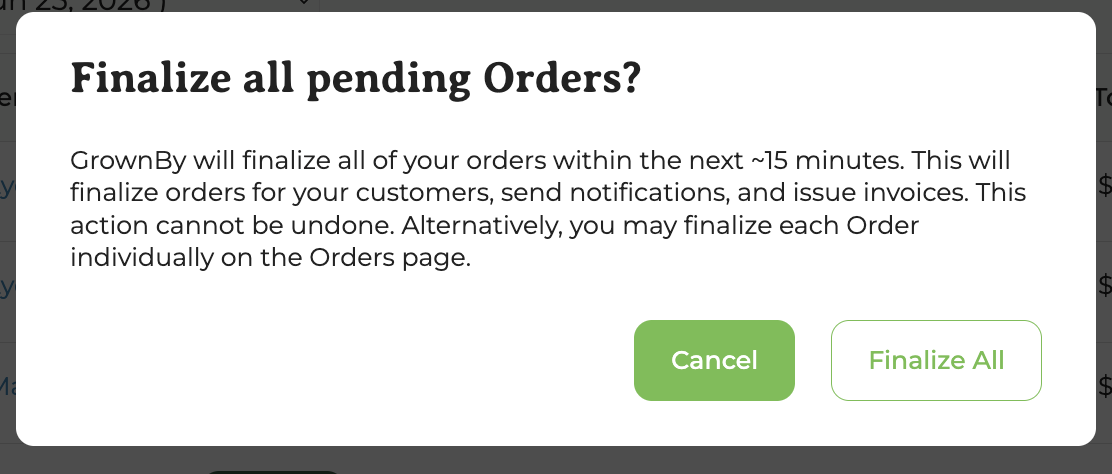 Finalize all pending Orders confirmation dialog