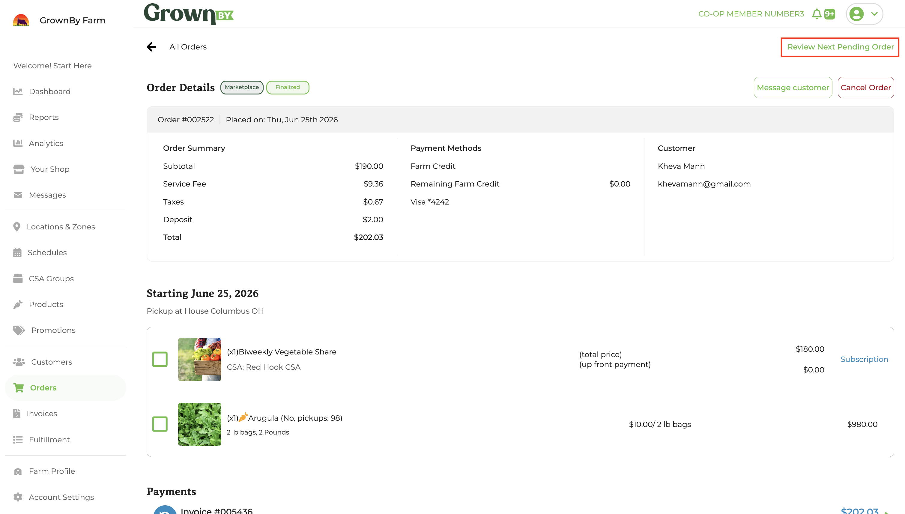 Finalized order detail screen showing the Review Next Pending Order button