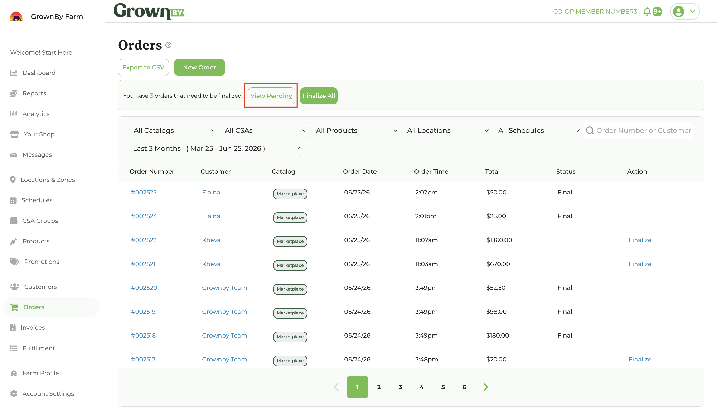 Orders screen showing the View Pending button at the top of the orders list