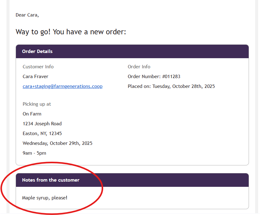 Order notification email displaying the customer's order notes under 'Notes from your Customer'