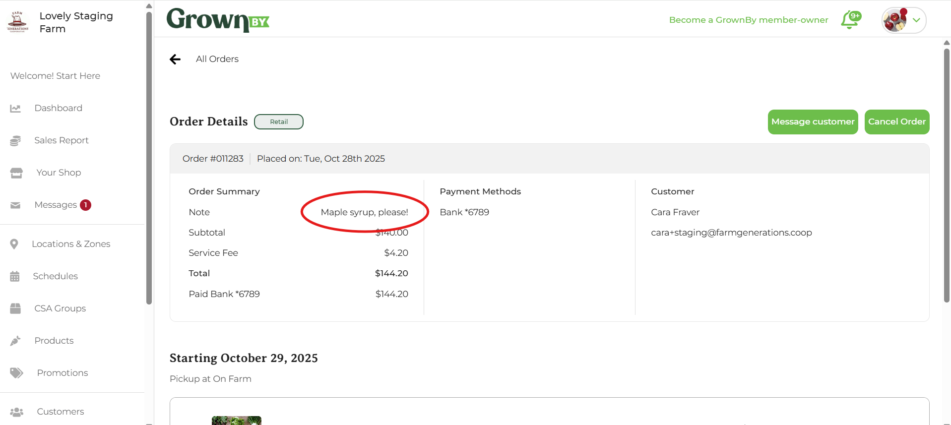 Order detail page showing the customer's order notes