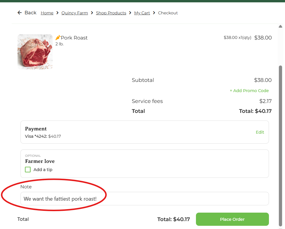 Checkout screen showing the order notes field where a customer can leave a message
