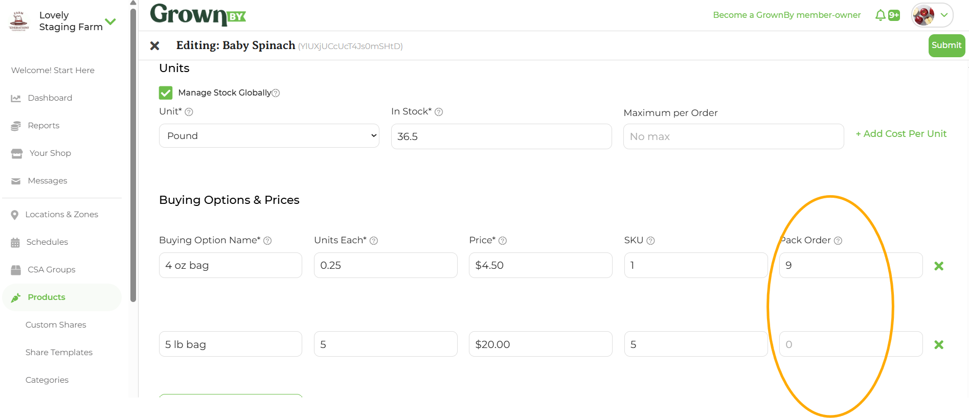 Product detail page with the Pack Order column highlighted in the Buying Options & Prices section