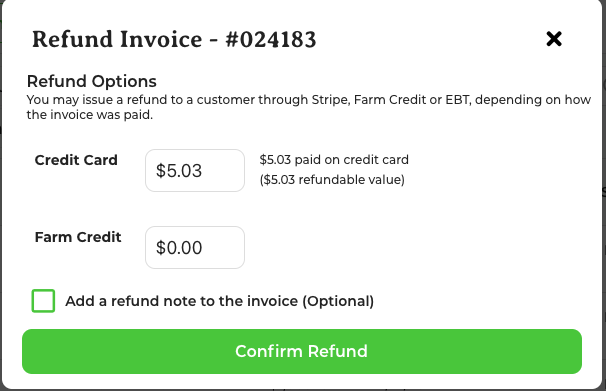 Partial refund pop-up showing Credit Card and Farm Credit fields with a note field