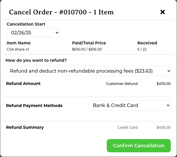 Cancel items pop-up showing cancellation date, refund options, and refund amount
