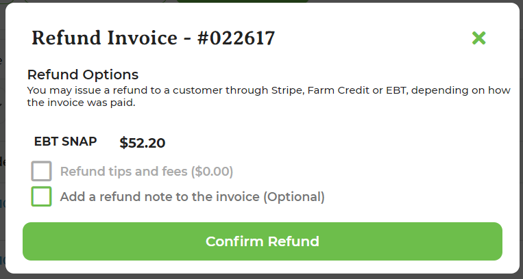 SNAP refund pop-up with EBT-only refund option