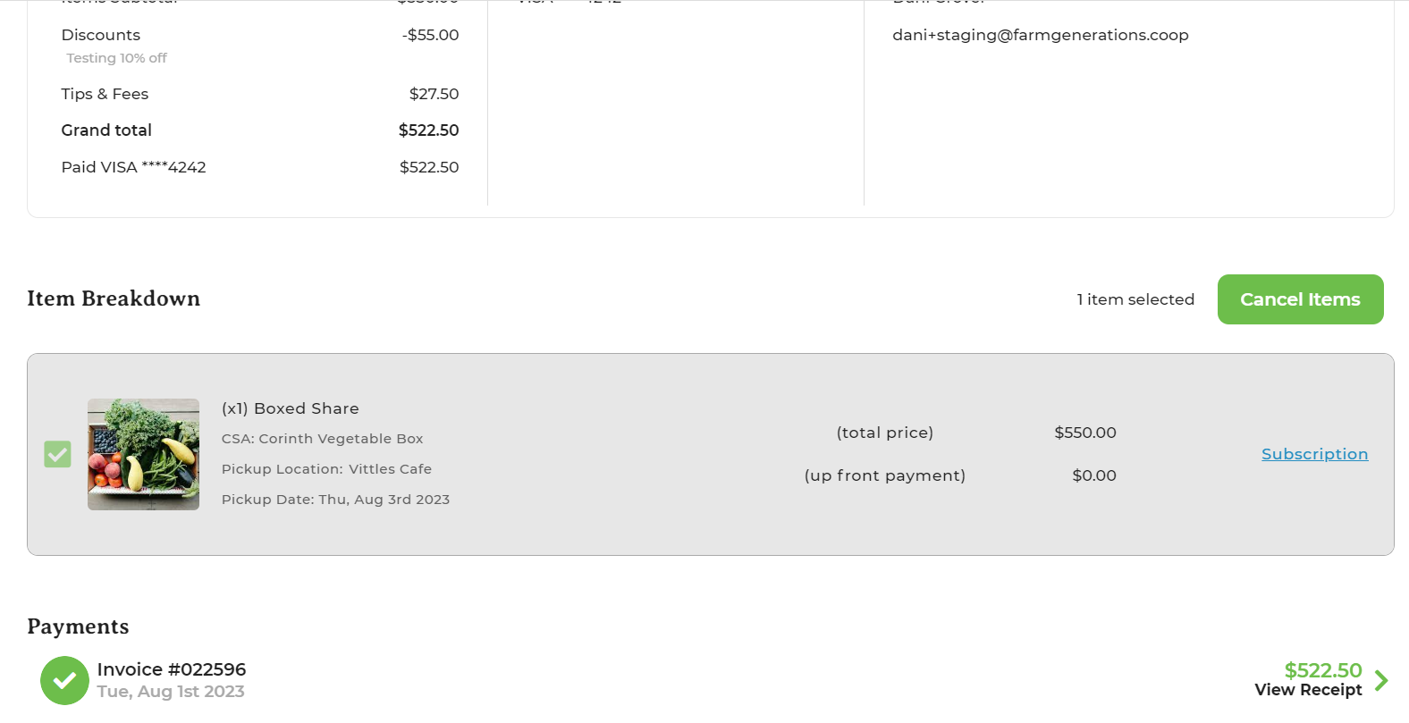 Order details page with item checkboxes and Cancel Order button