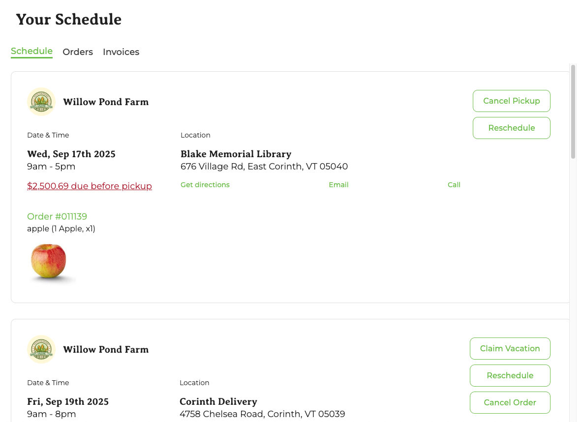Schedule tab on the Orders page, listing upcoming pickups with Reschedule options