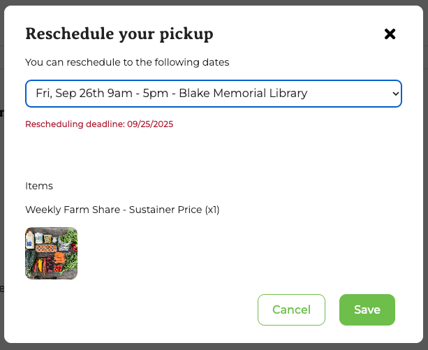 Reschedule pop-up with a date drop-down and Save button, showing the rescheduling deadline