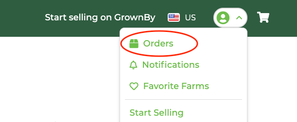Account dropdown menu in the top right of the GrownBy browser view, showing the Orders option