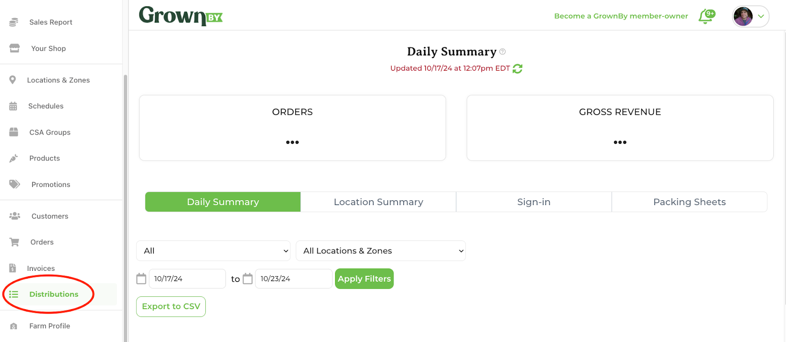 Farmer Dashboard with the Distributions menu item highlighted