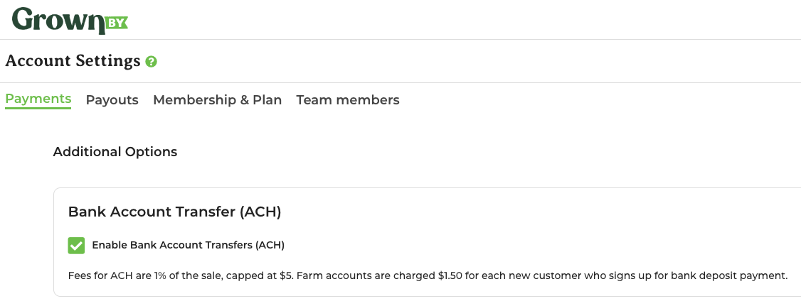 GrownBy Account Settings Payments section with the ACH payments checkbox