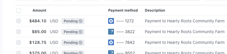 Stripe dashboard showing an ACH payment with a Pending status tag