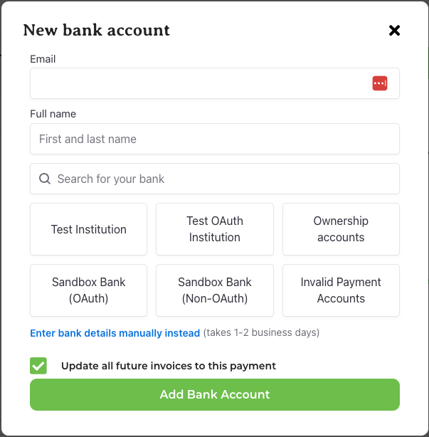 Bank search screen with manual entry option