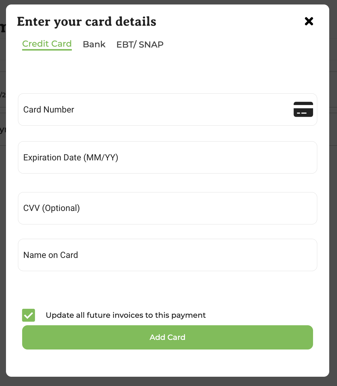 Add card form showing the Update all future invoices to this payment option