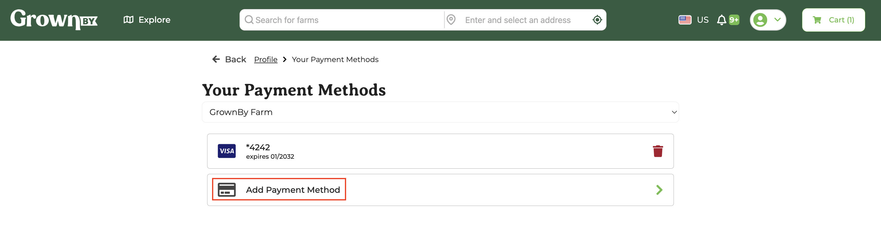 Your Payment Methods page with Add Payment Method option highlighted