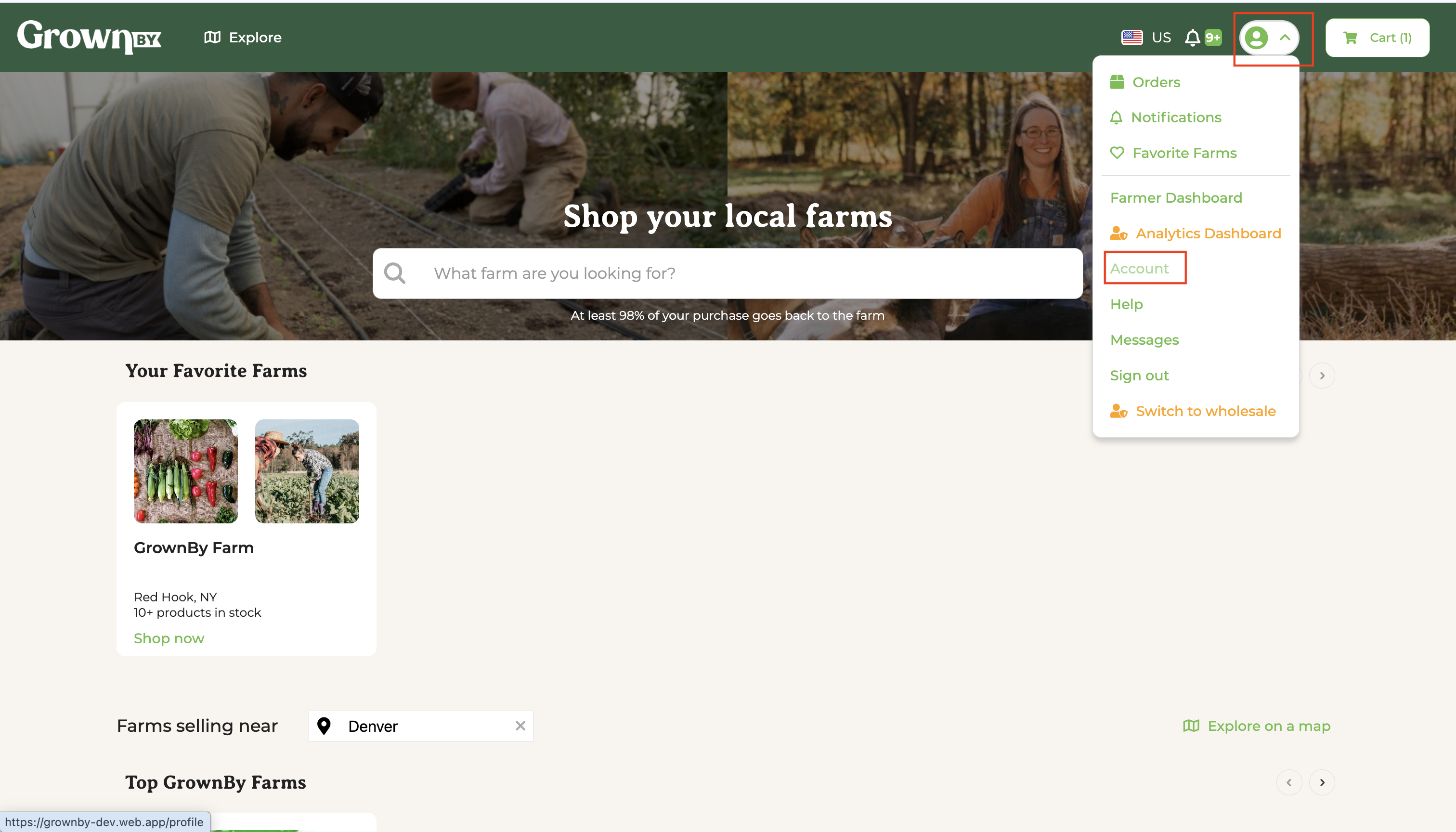 GrownBy homepage with account dropdown open and Account option highlighted