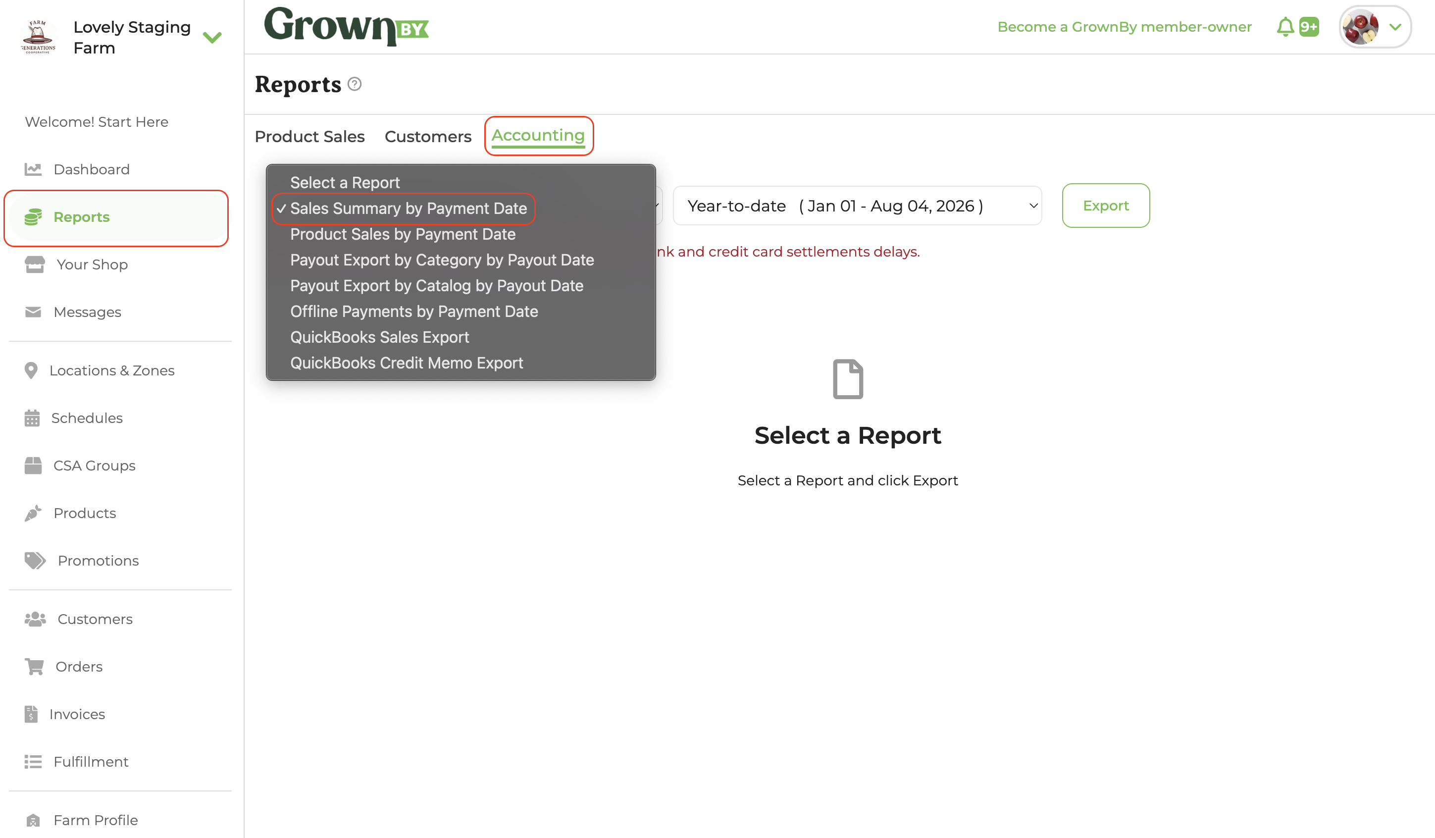 Reports section on accounting tab
