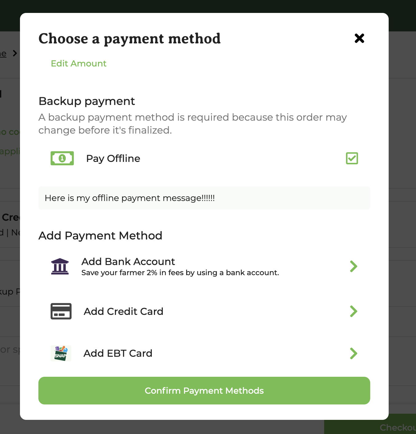 GrownBy checkout Choose a payment method screen with the Add EBT Card option