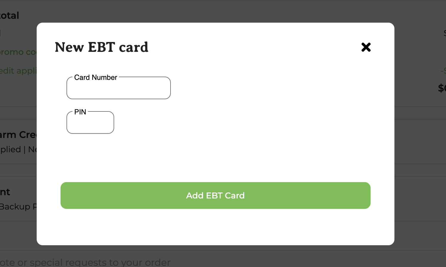 New EBT card form at GrownBy checkout with Card Number and PIN fields