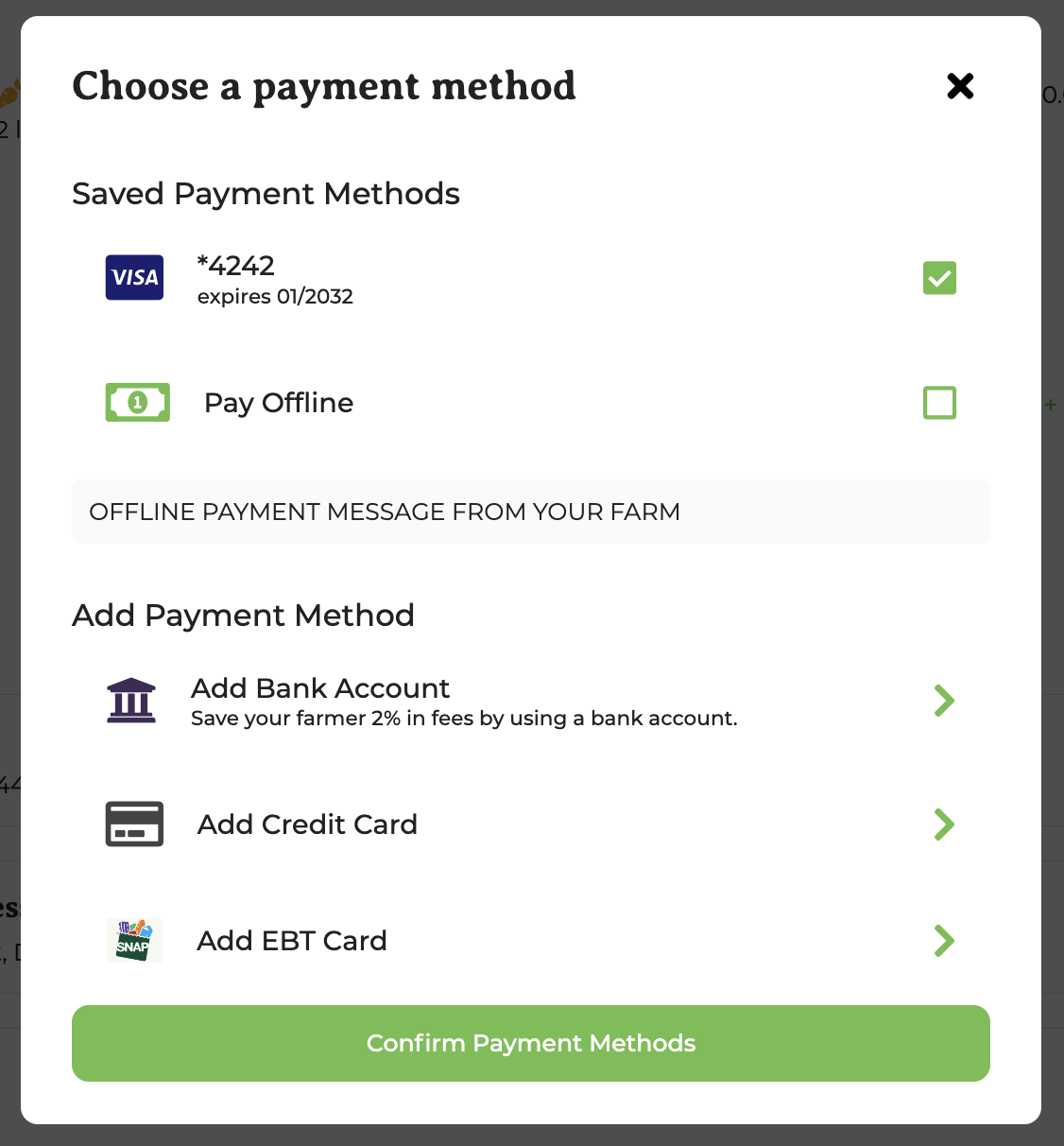 GrownBy checkout payment method selection showing the Pay Offline option