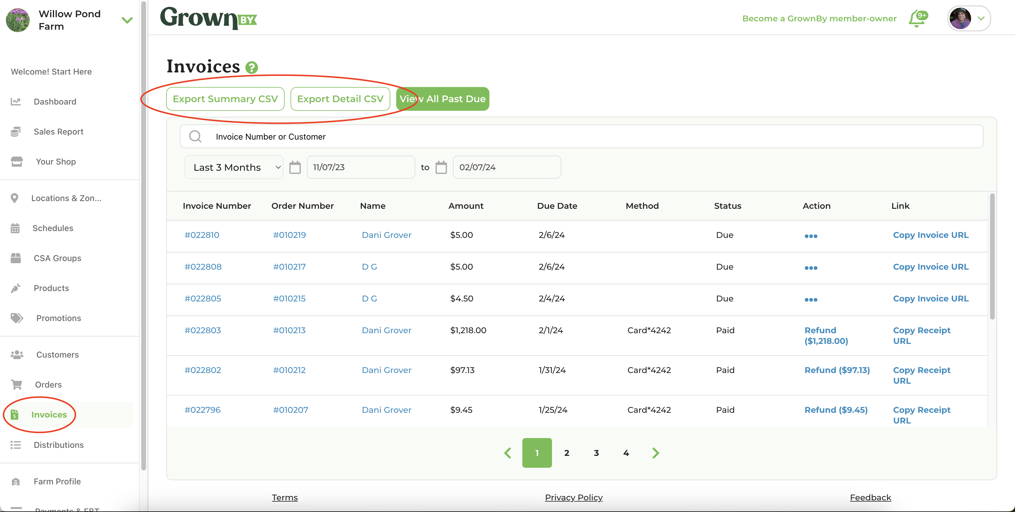Screenshot of the Invoice page showing Summary and Detail export options
