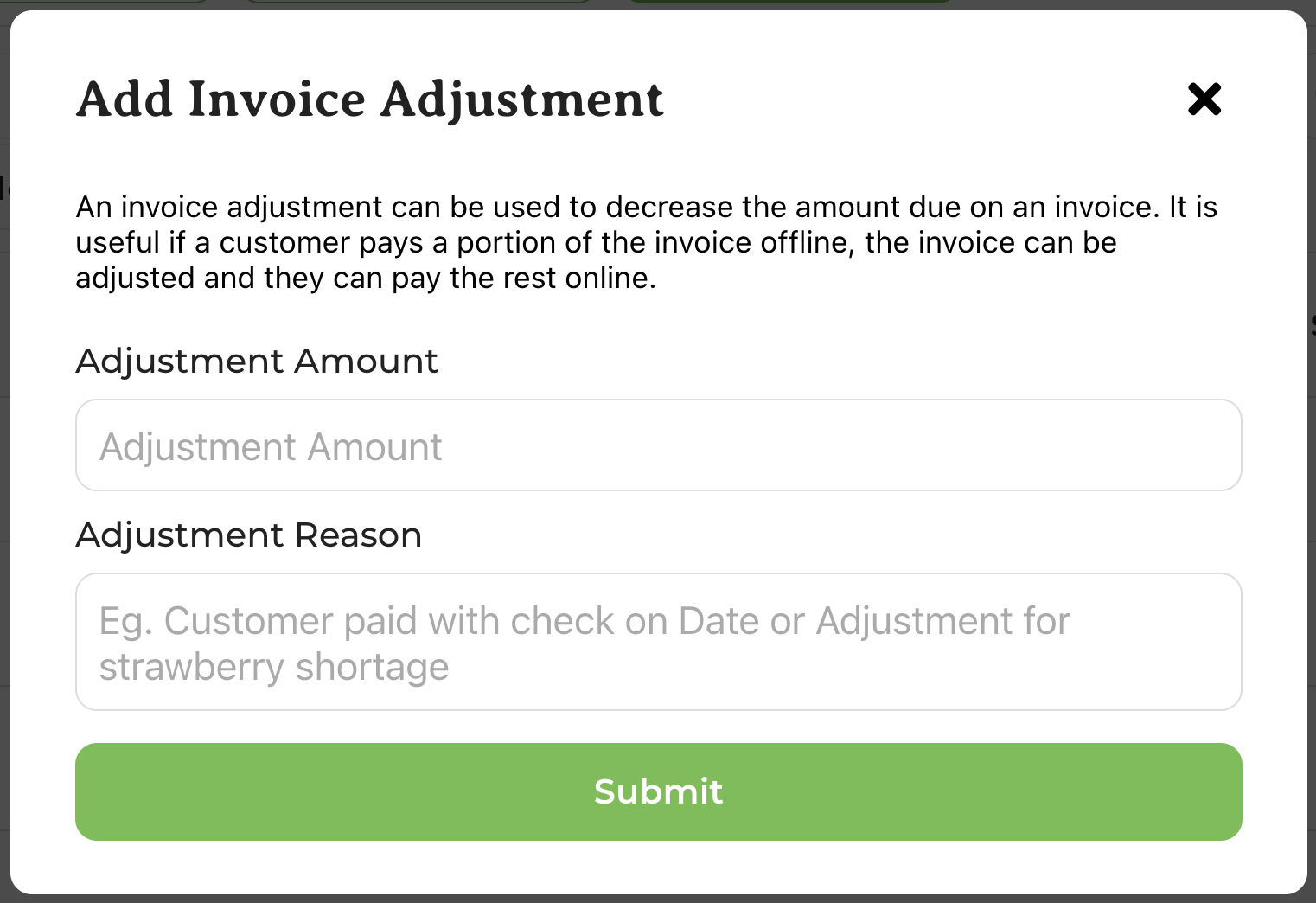 Adjust invoice pop-up with Adjustment Amount and Adjustment Reason fields